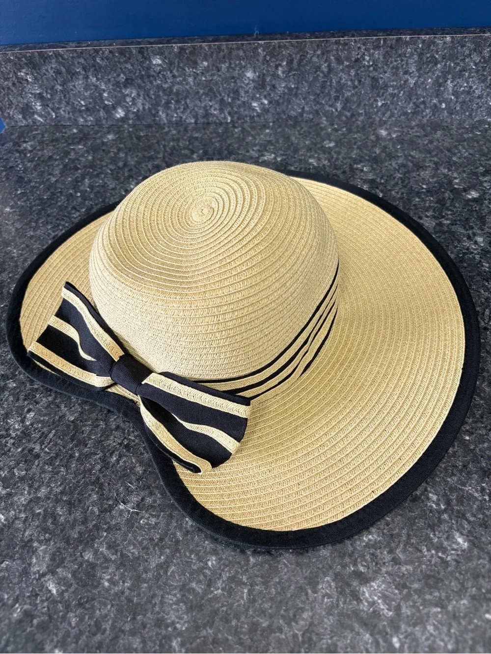 Wide Brim Straw Sun Hat with Black Bow Trim Made in Italy